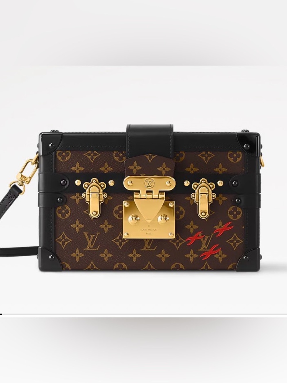 Louis Vuitton Monogram Trunk Box Clutch with Black Trim and Red Accents
